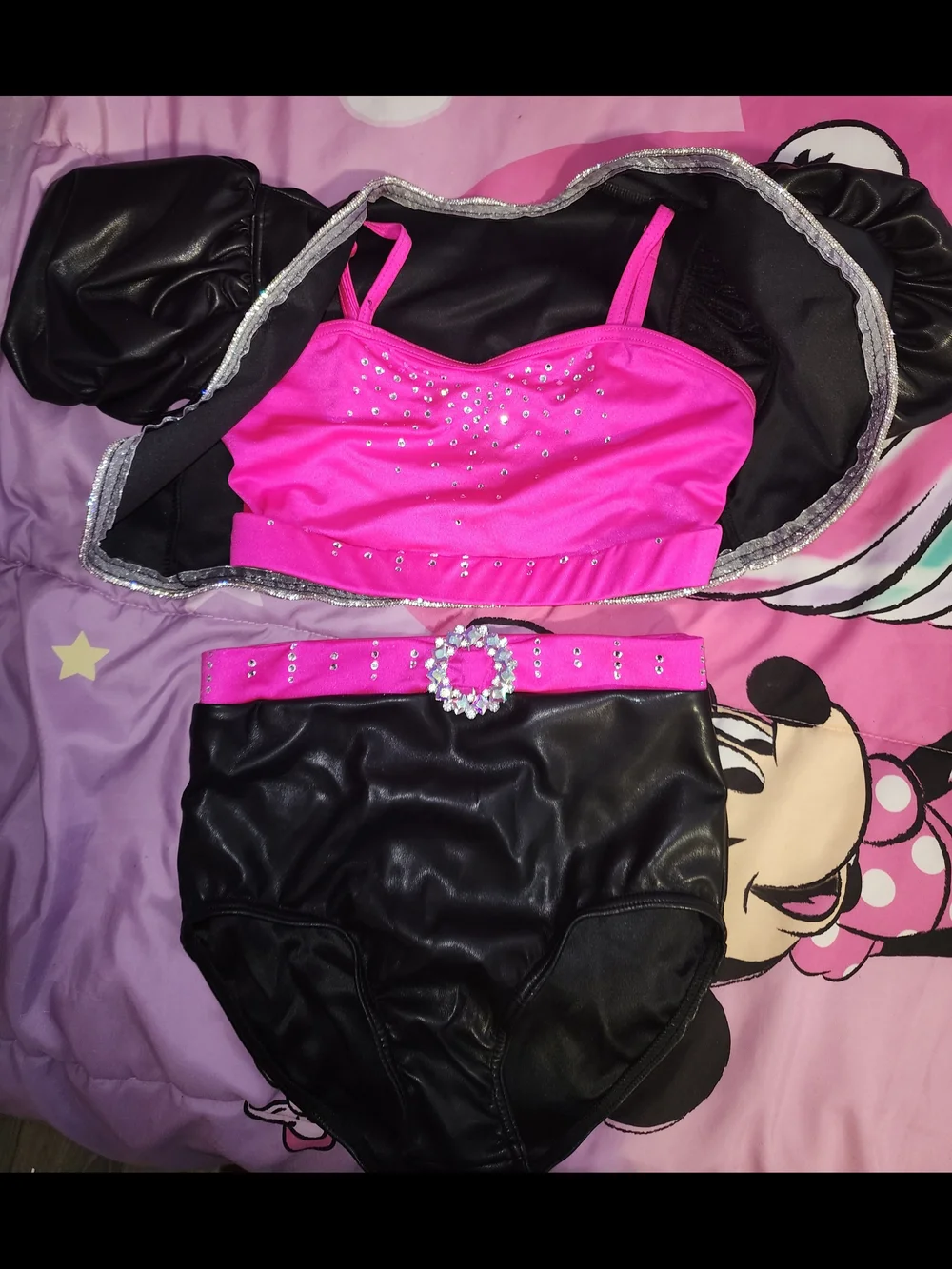 Girls Hot Pink and Black Dance Costume with Puff Sleeve Bolero